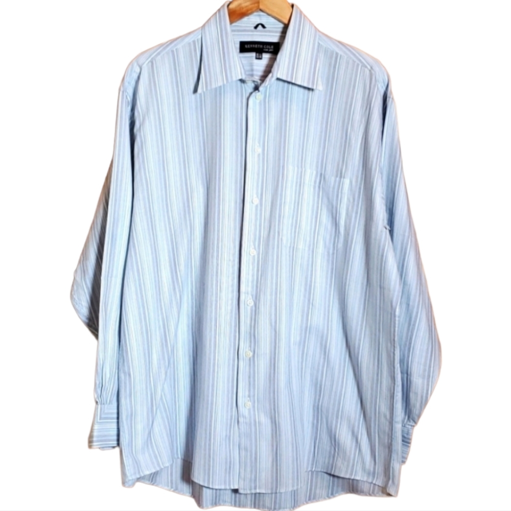 KENNETH COLE 16.5 34/ 35 BLUE & WHITE STRIPPED LONGSLEVE BUTTON UP